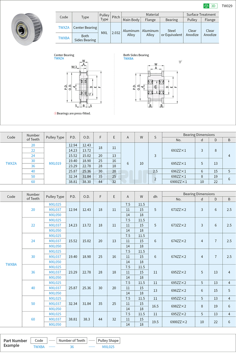 Timing Belt Idler Pulleys - MXL Type Drawing/Specifications