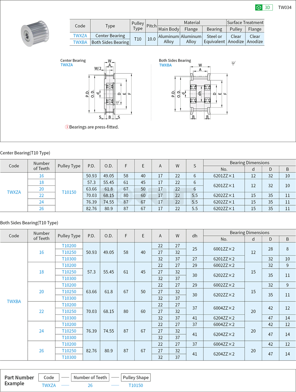 Timing Belt Idler Pulleys - T10 Type Drawing/Specifications