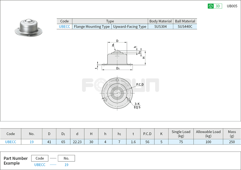 Ball Rollers - Press Formed Round Flange Mounting Type, Upward-Facing Type Drawing/Specifications