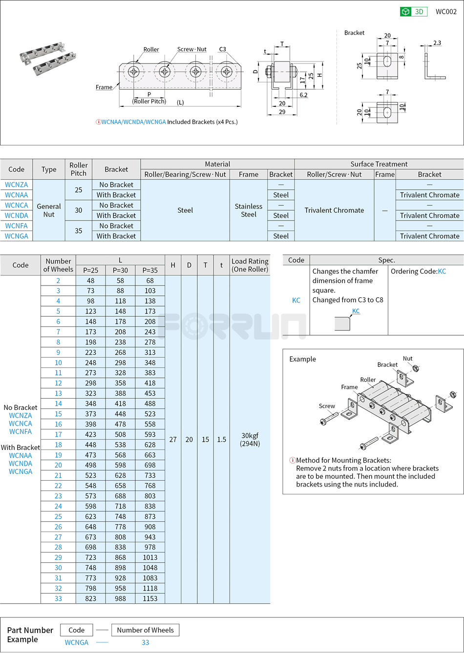 Roller Carriers - Roller Width 15mm Type Drawing/Specifications