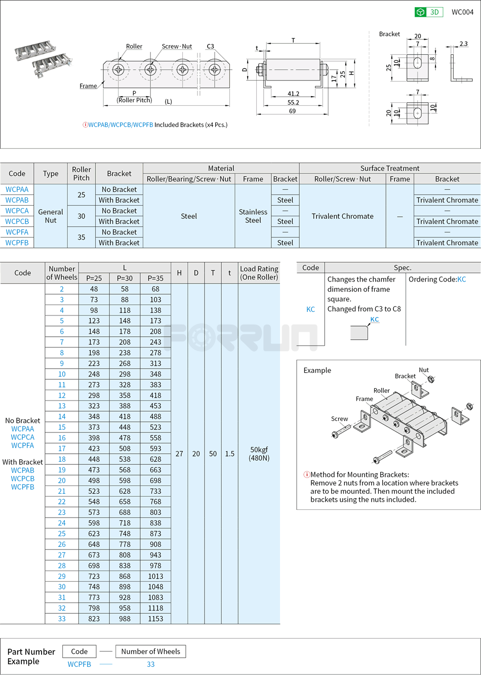 Roller Carriers - Roller Width 50mm Type Drawing/Specifications